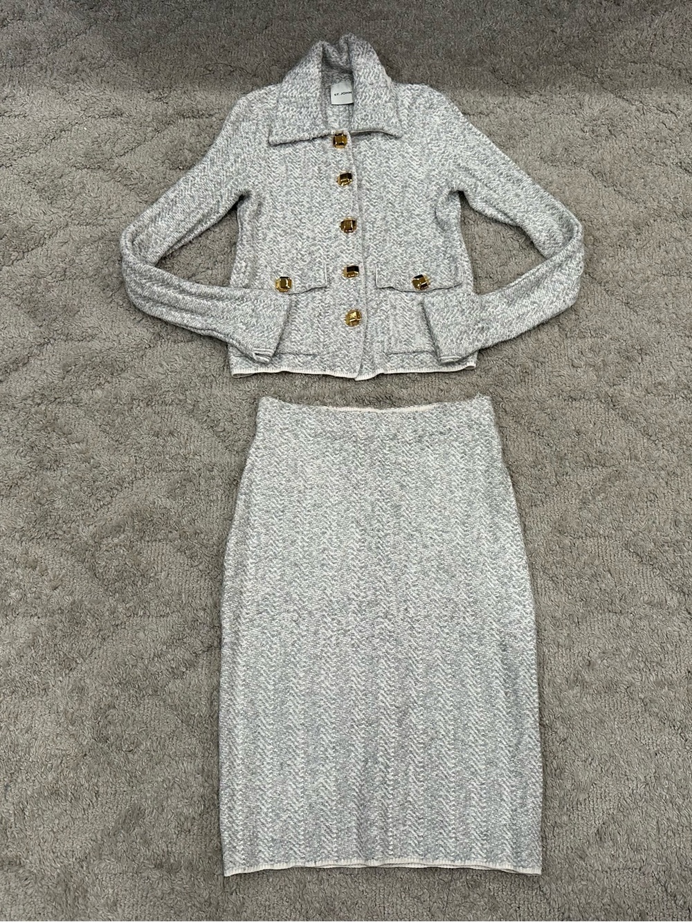 St. John Tailored Slub Chevron Stitch Collared Jacket and Skirt Sz XS